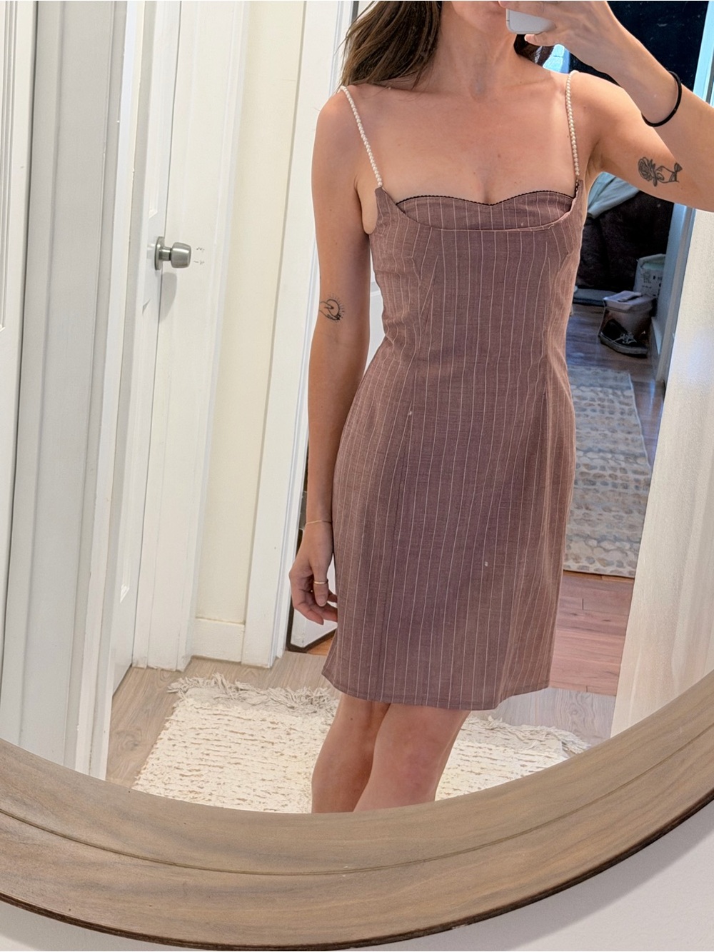 Moschino Sleeveless Mauve Pinstripe Sheath Dress with Pearl Straps - Picture 3 of 5